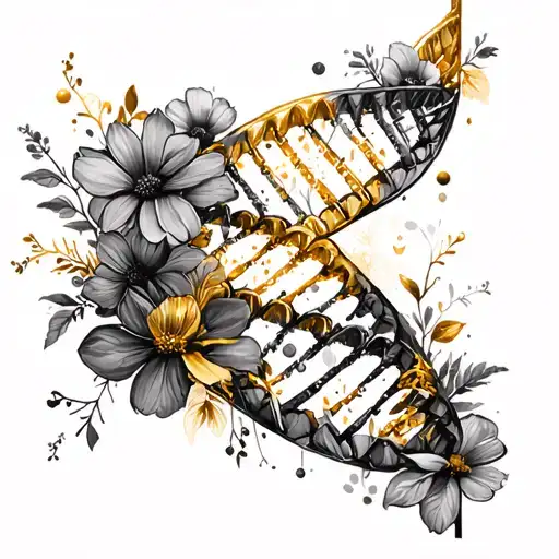 DNA strand with broken segments replaced by flowers, gold, or geometric shapes to show transformation. tattoo design idea