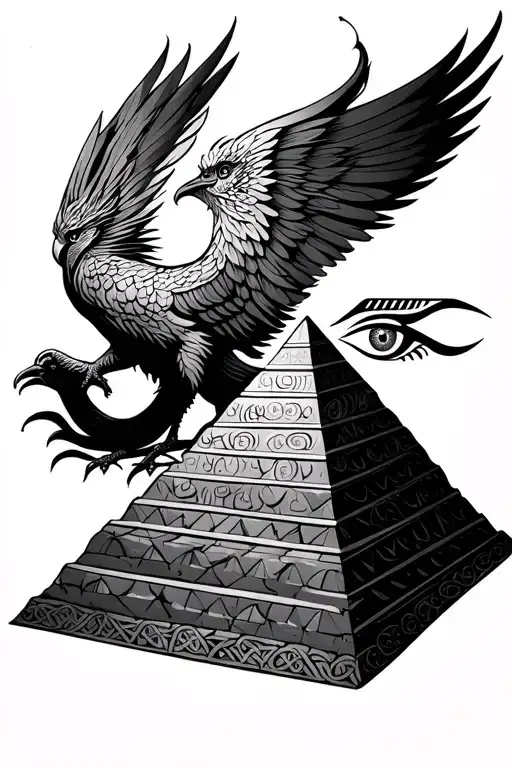 Celtic Phoenix rising from a pyramid with its eye replaced by the Eye of Ra tattoo design idea