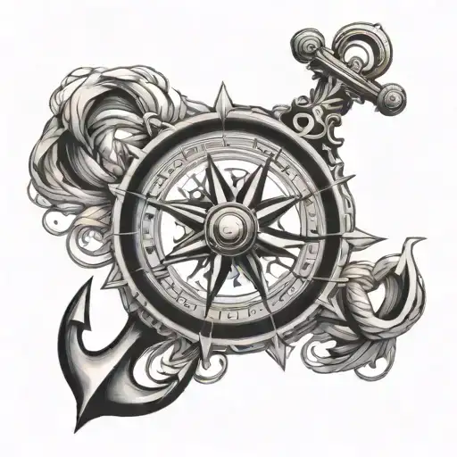 anchor and compass rose surrounded tattoo design idea