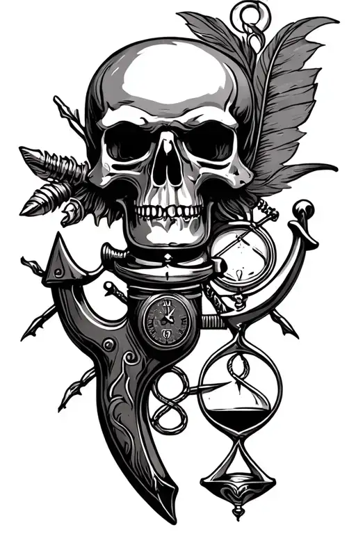 flintlock pistol, cutlass, quill pen, fouled anchor, hourglass tattoo design idea