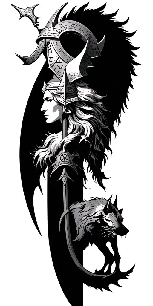 Norse pantheon with vikings and runes and long ships and fenrir with no women  tattoo design idea