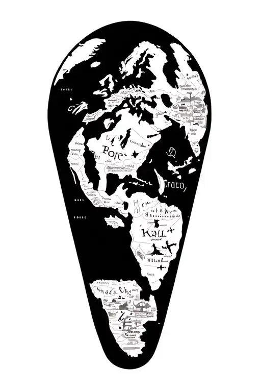 A detailed world map with landmarks from all the places you've traveled to, incorporating elements of wildlife native tattoo design idea