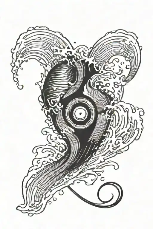 A heart-shaped vinyl record spinning with waves crashing in the background, symbolizing your love for music and surfing tattoo design idea