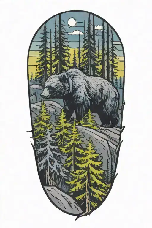 forest with bear walking tattoo design idea
