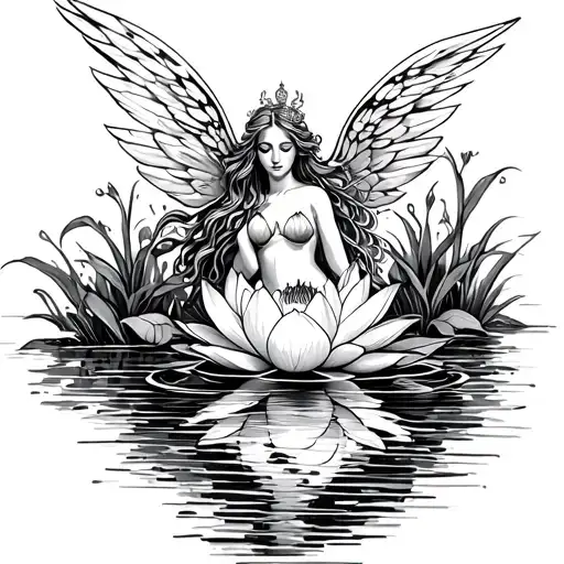 Fairy with angel wings flying over water lily tattoo design idea