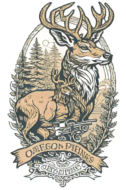 Oregon pines a man with his gun and a buck tattoo design idea