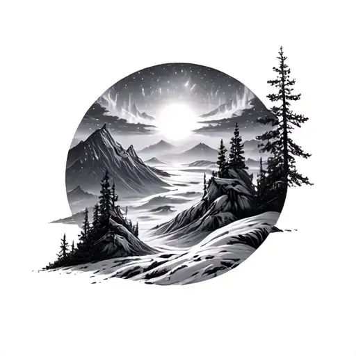 Aurora borealis black and white drawing tattoo design idea