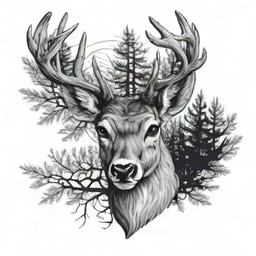 kids, deer head with trees tattoo design idea
