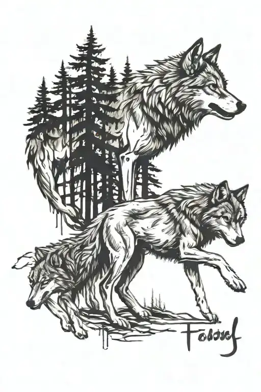 a wolf pack with their backs turned from  the alpha  while it's bleeding in a forest at night with fire around it tattoo design idea