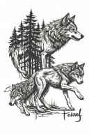 a wolf pack with their backs turned from  the alpha  while it's bleeding in a forest at night with fire around it tattoo design idea