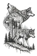 a wolf pack with their backs turned from  the alpha  while it's bleeding in a forest at night with fire around it tattoo design idea