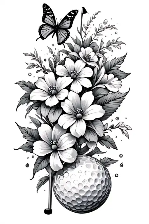 flowers,butterflies and a golf ball and golf flag tattoo design idea