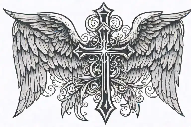 simple elegant classy angelic wings with a bold sharp double edged sword resembling a cross bordered with whimsical note tattoo design idea