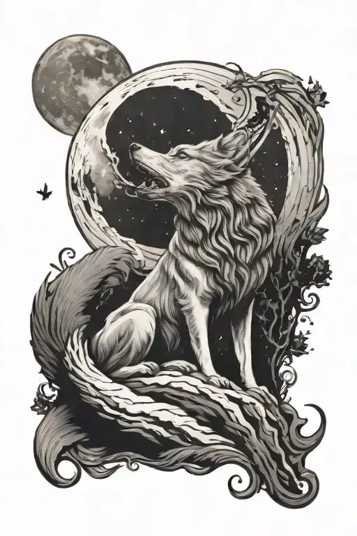 feminine lone wolf howling at the moon tattoo design idea