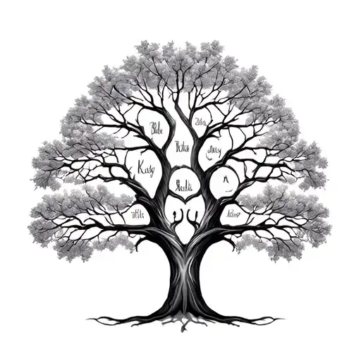Tattoo. Family tree with husband "Blake", wife "Amy", daughter "Kelsey", son "Corgan", son "Riley", son "Jackson" tattoo design idea