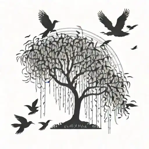 weeping willow with birds flying away tattoo design idea