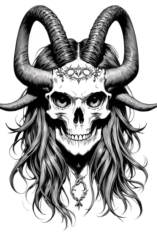 baphomet skull with lots of eyes, 2 horns, 2 twigs as horns, female, chet up to the ears tattoo design idea