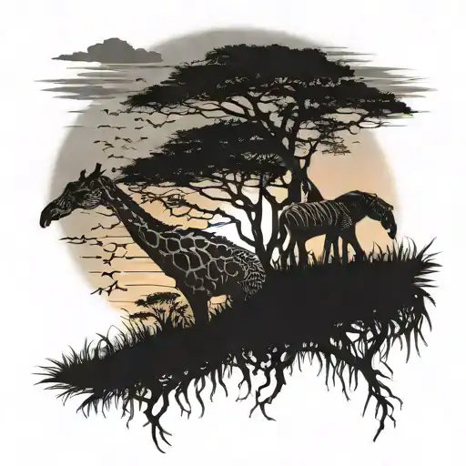safari. sunset. small giraffe and elephant tattoo design idea