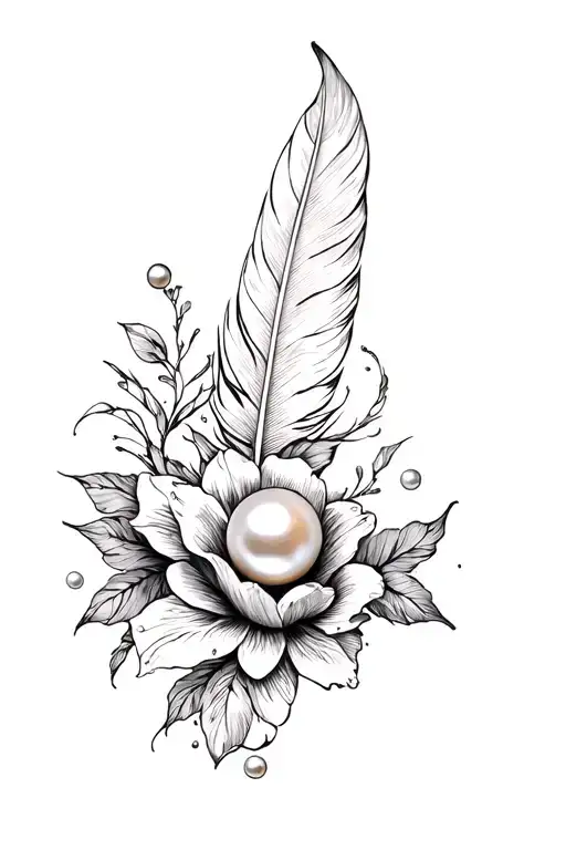 a drawn verse, a feather, a pearl and a flower all intertwined tattoo design idea