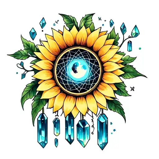 sunflower crystals dream catcher moon memorial piece tattoo design idea