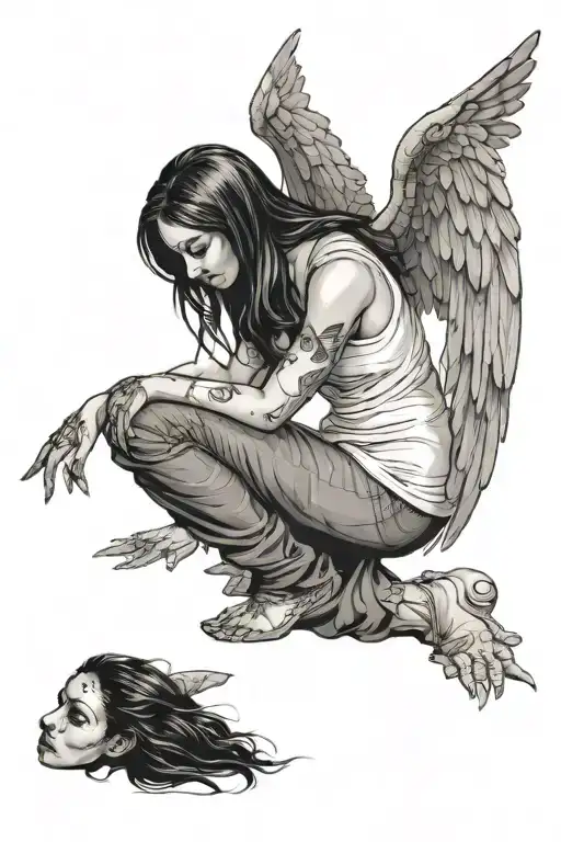 A girl, a fallen angel, kneeling. Her hands are tied behind her. A demon stands behind her. tattoo design idea