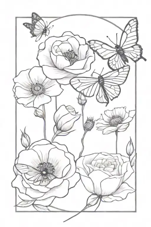 rose, poppy, bee, and butterfly tattoo design idea