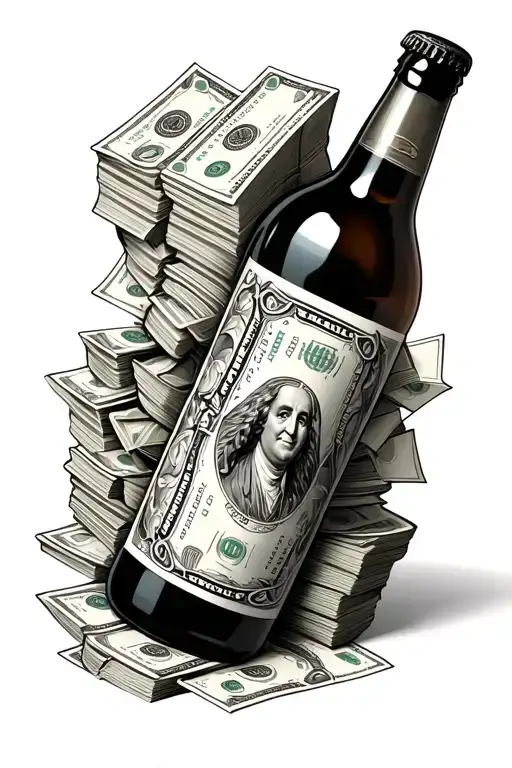  half an alcohol bottle and half a stack of money merging into each other seamlessly tattoo design idea