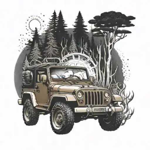 A Jeep driving through a forest filled with magical Wiccan symbols tattoo design idea