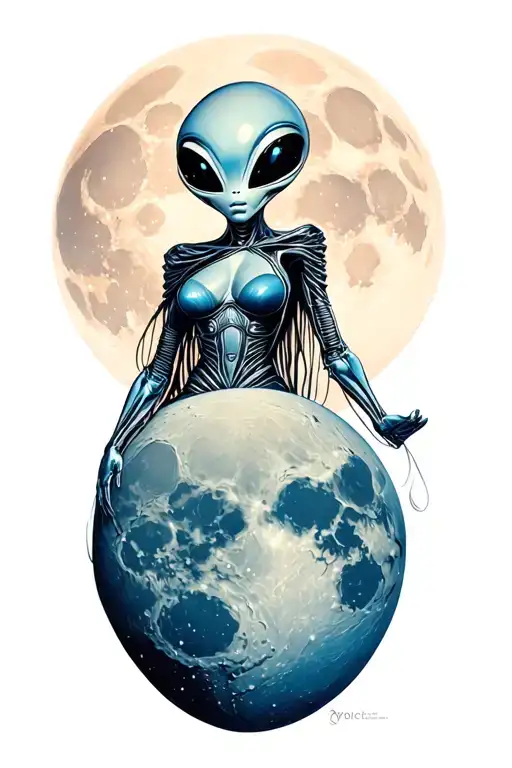 a sexy alien crossing the moon in space tattoo design idea