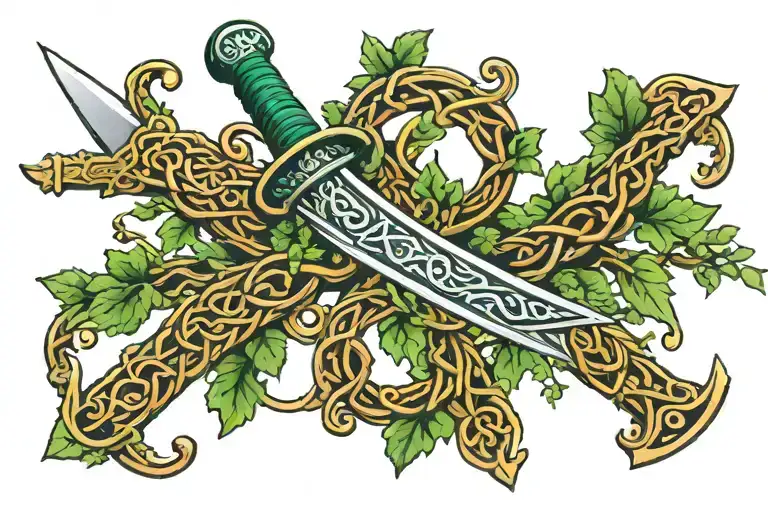 celtic sword wrapped by green vine tattoo design idea