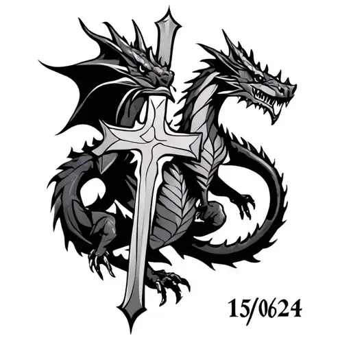 15/06/24 text inside a dragon with a cross tattoo design idea