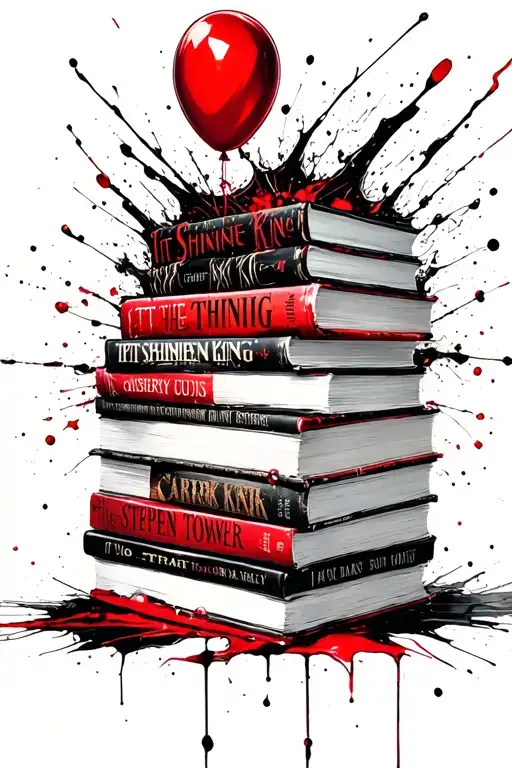 Stack of old Stephen King books (IT, The Shining, Carrie, Misery, Pet Sematary, Cujo, The Dark Tower) with a red balloon tattoo design idea