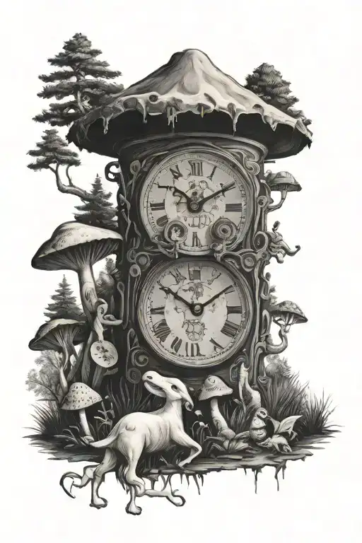 forest, mountain, mushroom, statue of running man, poker cards, clock mechanism, adventure, jars tattoo design idea