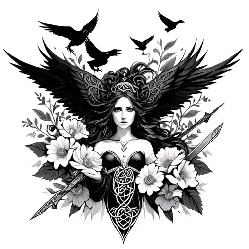 an image of the Celtic Goddess, the Morrigan. Surrounded by her associated flowers, weapons and multiple flying crows.  tattoo design idea