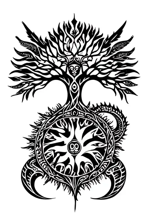 tribal design including army elements, tree of life, dna strand, goddess sun and moon in cente, dragon, hawaiian islands tattoo design idea