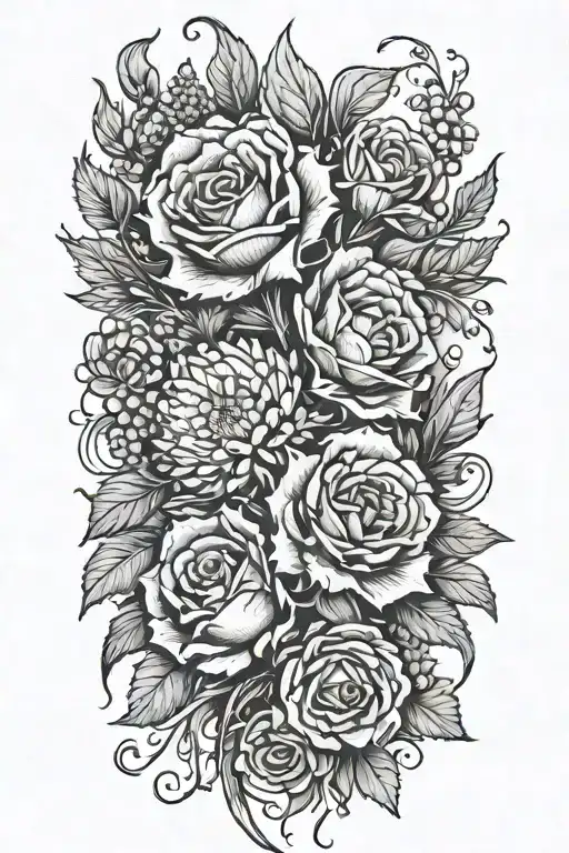 Design a floral tattoo with thistle, roses, cornflowers, shamrock flowers, dafodil  and lily of the valley tattoo design idea
