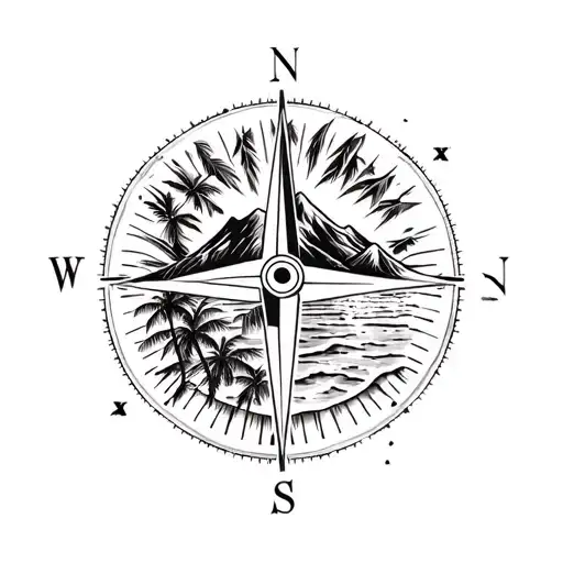 palm trees, sun, mountain, beach compass tattoo design idea