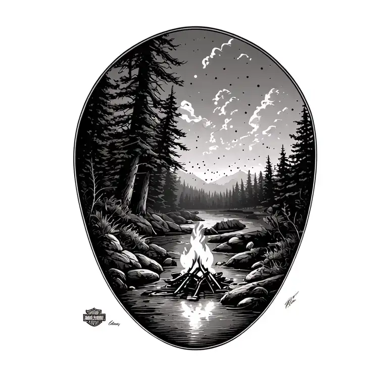 Harley Davidson next to a camp fire by a creek in a forest  tattoo design idea