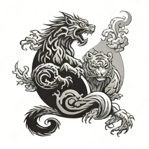 yin yang tiger and dragon emerging tattoo design idea
