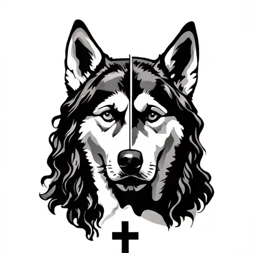 half of jesus face with half of a husky's face with 3 crosses at the bottom tattoo design idea