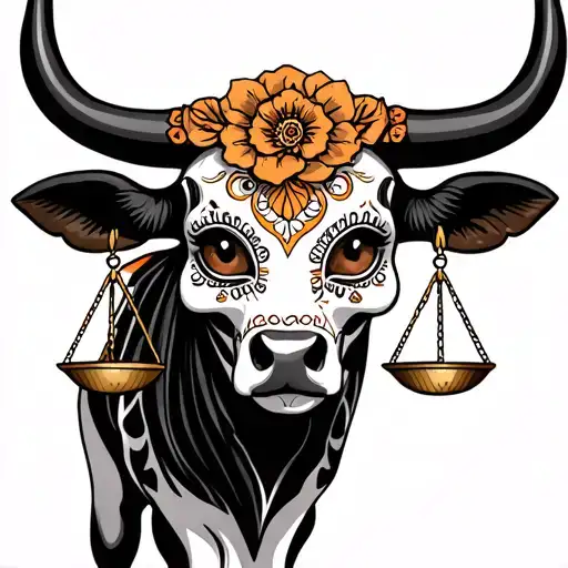 feminine bull with sugar skull markings, brown eyes and two Libra scales and dark background tattoo design idea