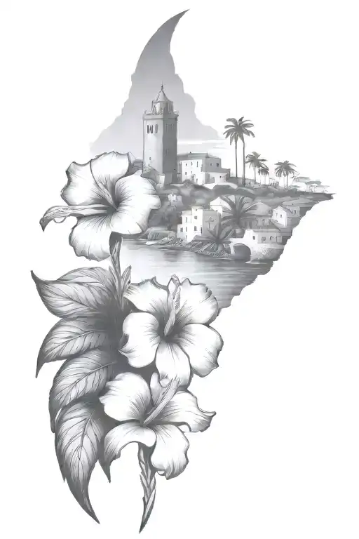 Ibiza Island, sea, sailboats, tropical leaves, hibiscus, village with flat roofs and a tower with three windows tattoo design idea