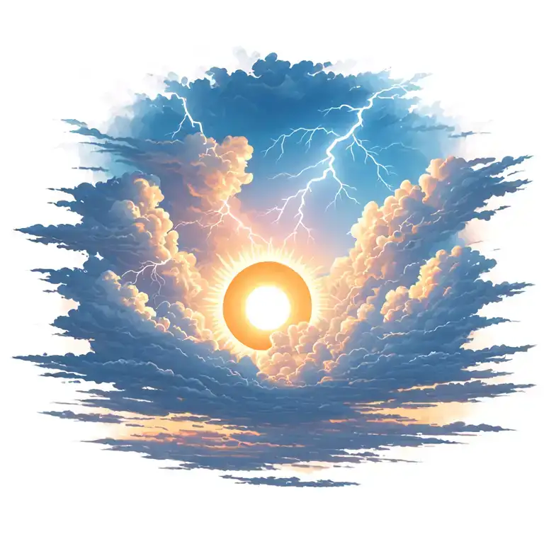 lightning storm clouds with a sun shining tattoo design idea