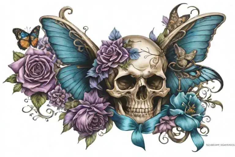 Guardian angel holding teal and purple ribbon surrounded by flowers, butterflies and skulls tattoo design idea