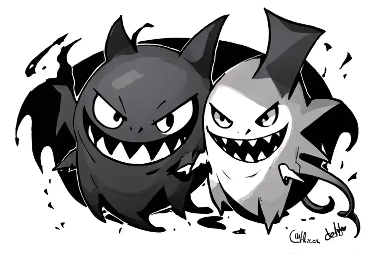mimikyu with gastly haunter and gengar ghost emerging tattoo design idea