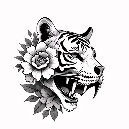 tiger skull flowers calf sized tatto tattoo design idea