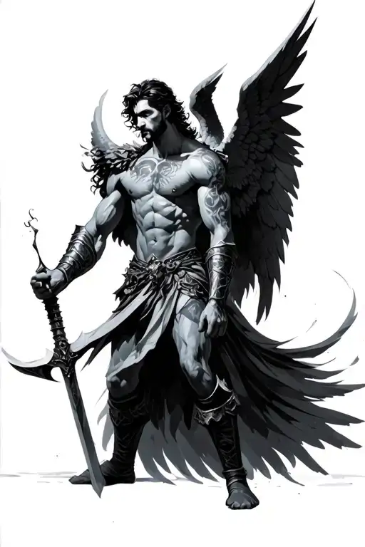 male angel warrior wielding tattoo design idea