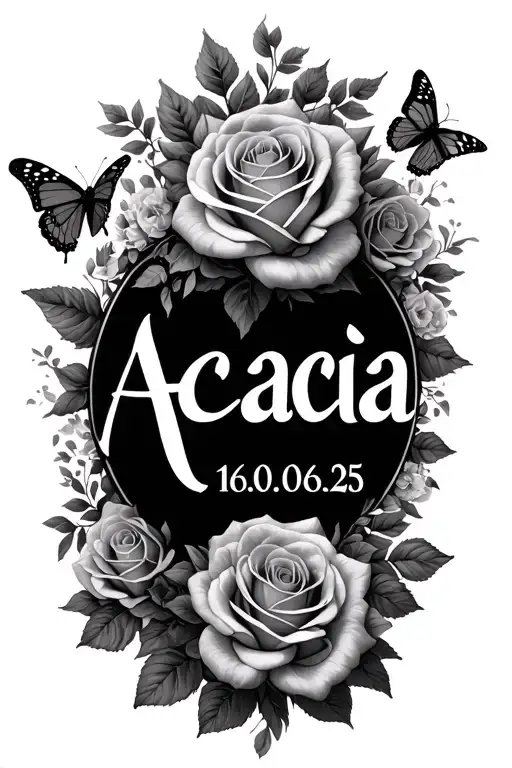 The name acacia with 16.06.25 in Roman numerals next to it surrounded by a lot of roses and butterflies tattoo design idea