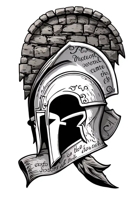 scroll, Bible verse, Spartan helmet, stone Castle wall background tattoo design idea