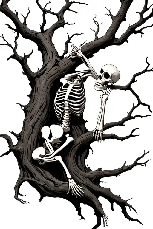 Black and grey realistic tattoo of a gnarled dead tree with twisted bare branches. A detailed human skeleton is clinging tattoo design idea